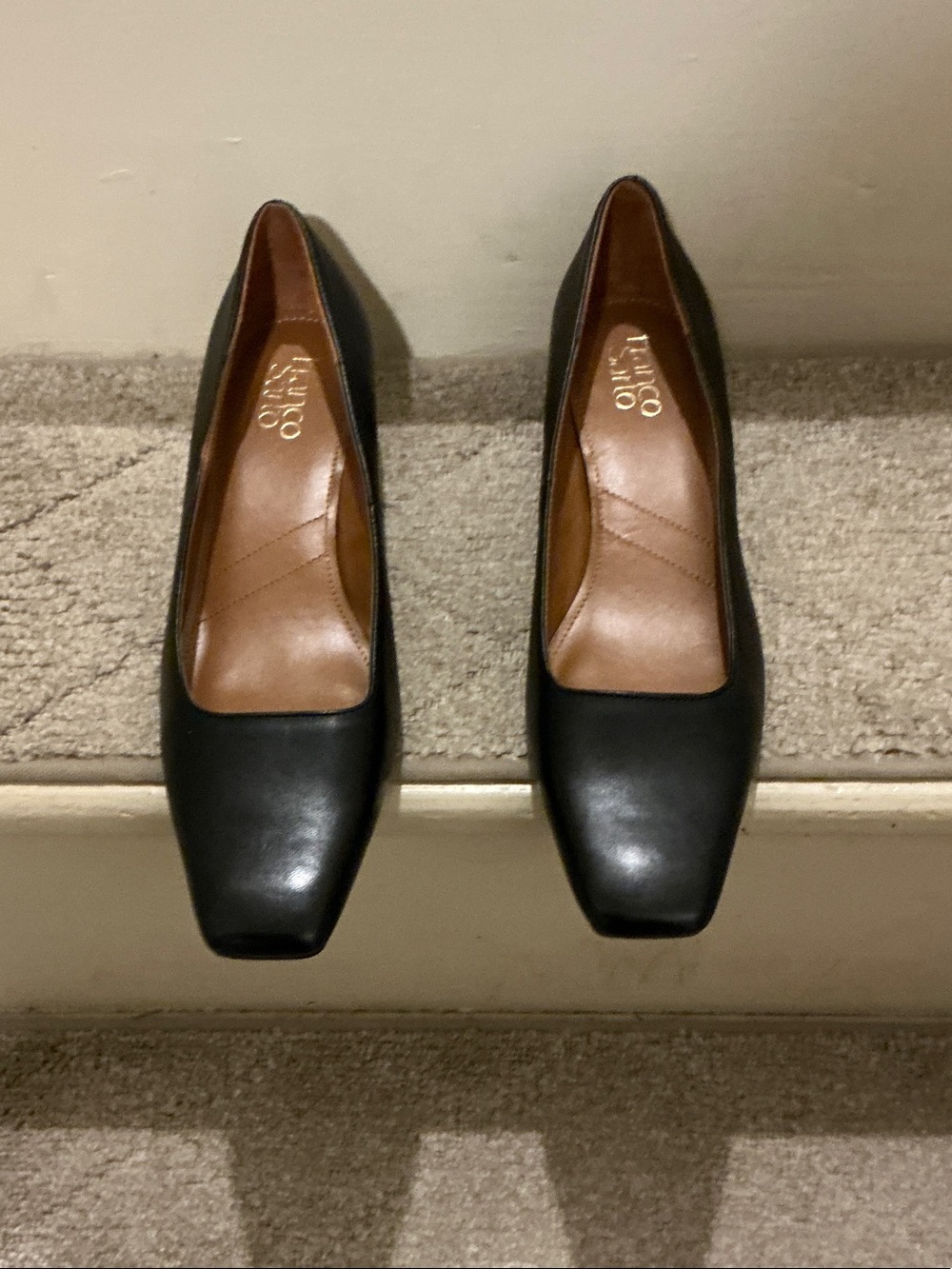 Franco Sarto Black Leather Square-Toe Pumps with Brown Insole Size 9.5M EUC